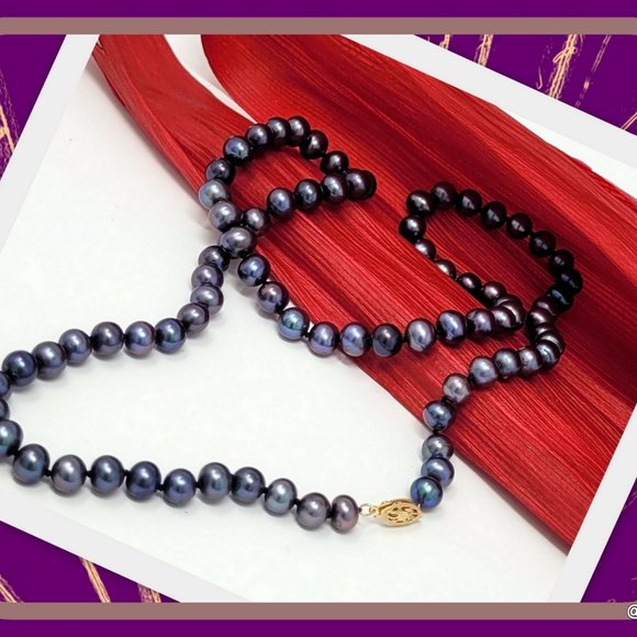 BLACK PEARL 7-7.5mm Necklace 14k Gold 24" long - Picture 3 of 4